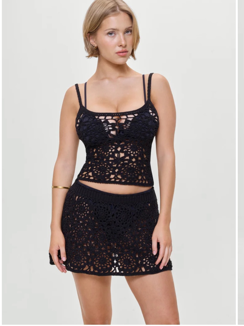 Frankie's Bikinis Black Crochet Tank and Skirt Set